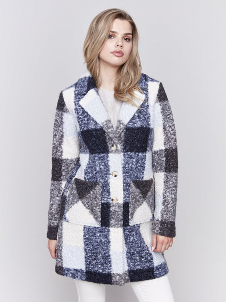 Charlie B Plaid Boucle Knit Coat - Navy