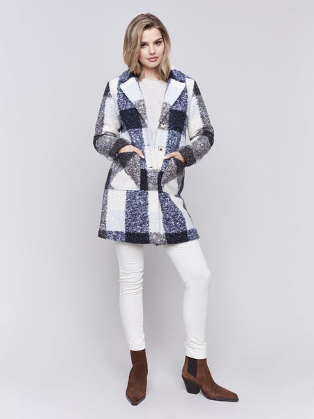 Charlie B Plaid Boucle Knit Coat - Navy