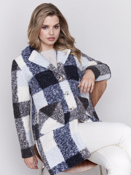 Charlie B Plaid Boucle Knit Coat - Navy