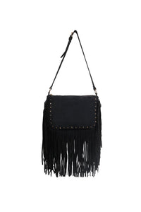 Risa Boho Fringe Suede Handbag - Black