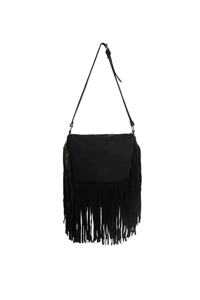 Risa Boho Fringe Suede Handbag - Black