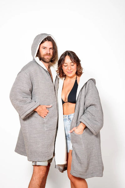 Tofino Towel 'Polar' Unisex Fleece-Lined Muslin Zip Poncho