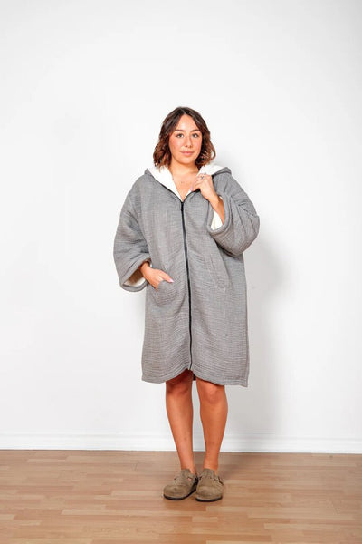 Tofino Towel 'Polar' Unisex Fleece-Lined Muslin Zip Poncho