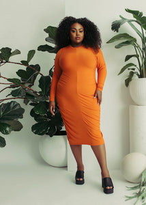 Hilary MacMillan Orange Rouched Long Sleeve 'Gwen' Dress