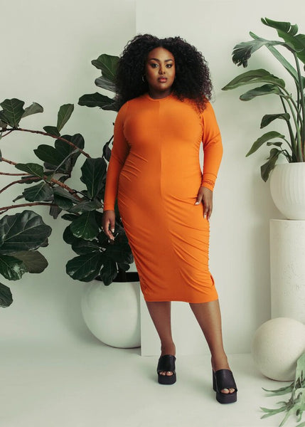 Hilary MacMillan Orange Rouched Long Sleeve 'Gwen' Dress