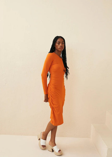 Hilary MacMillan Orange Rouched Long Sleeve 'Gwen' Dress