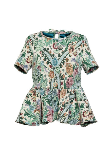 Hilary MacMillan Green Jacquard Floral Short Sleeve Peplum 'Eve' Top