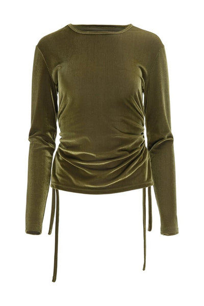 Hilary MacMillan Olive Velvet Ribbed Rouched 'Louisa' Top (NWT)