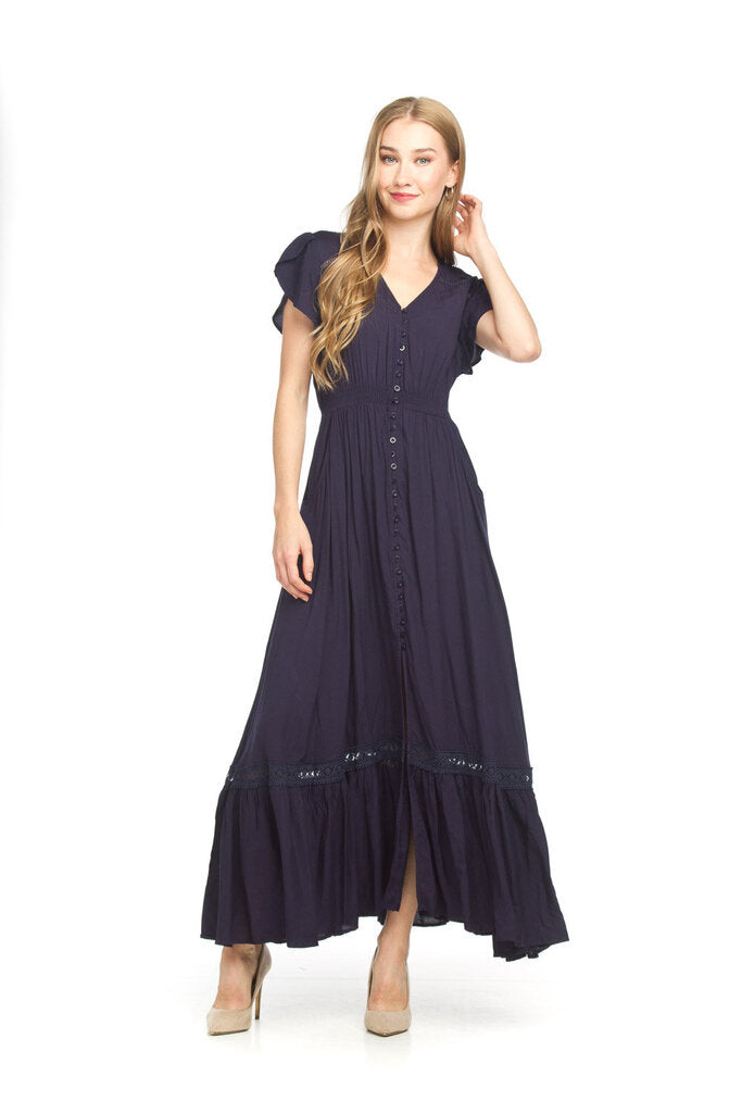 Papillon Solid Lace Inset Maxi Dress - Navy