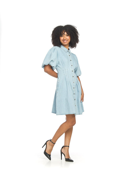 Papillon Puff Sleeve Pleated Denim Dress