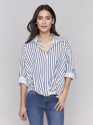 Charlie B Striped Linen Blend Twist Detail Top