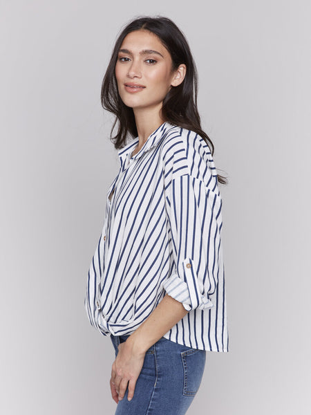 Charlie B Striped Linen Blend Twist Detail Top