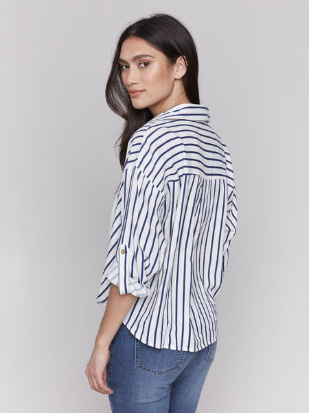 Charlie B Striped Linen Blend Twist Detail Top