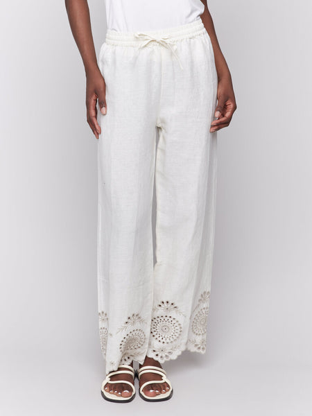 PANTS CHARLIE B NATURAL EYELET EMBROIDERY 100% LINEN PULL ON PANT WITH BACK POCKETS