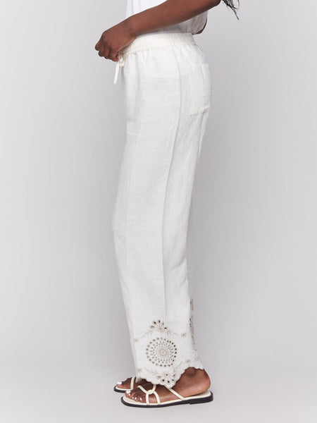 PANTS CHARLIE B NATURAL EYELET EMBROIDERY 100% LINEN PULL ON PANT WITH BACK POCKETS