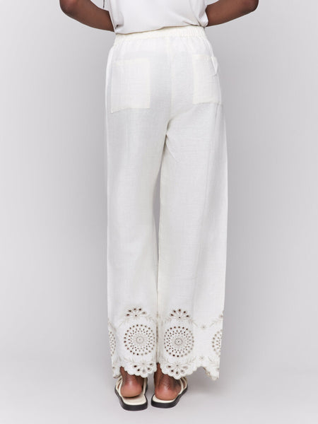 PANTS CHARLIE B NATURAL EYELET EMBROIDERY 100% LINEN PULL ON PANT WITH BACK POCKETS