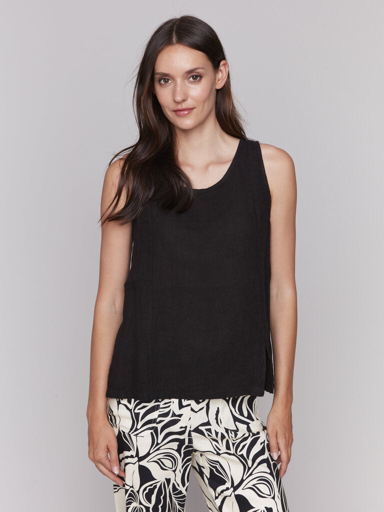 TOP CHARLIE B BLACK SLEEVELESS LINEN TOP WITH FRONT SLIT