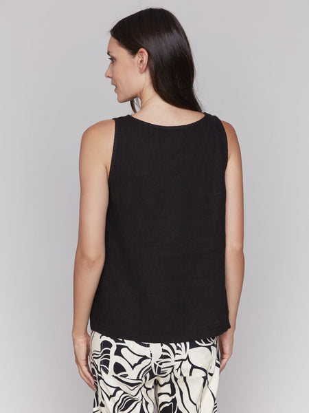 TOP CHARLIE B BLACK SLEEVELESS LINEN TOP WITH FRONT SLIT