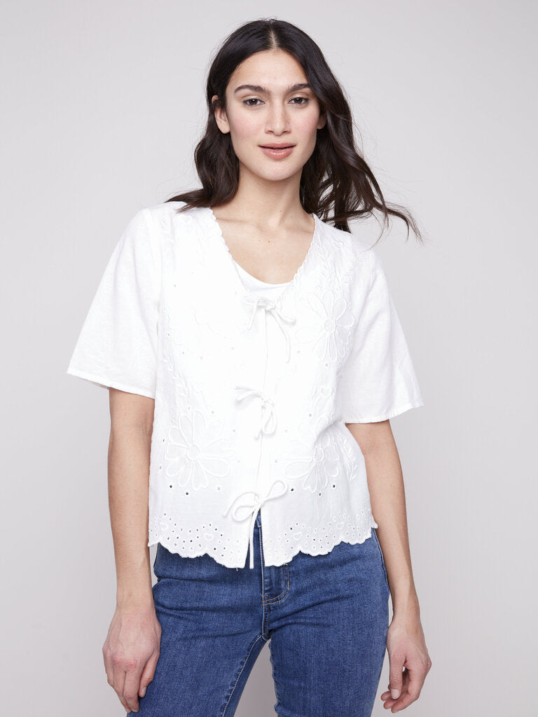 Charlie B Eyelet Embroidered Tie-Front Blouse