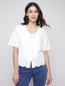 Charlie B Eyelet Embroidered Tie-Front Blouse