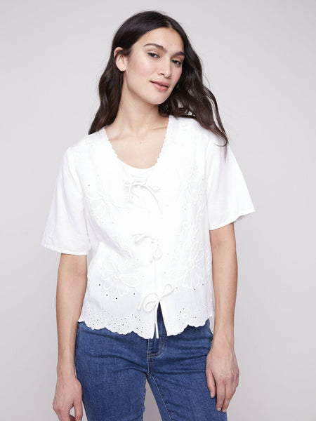 Charlie B Eyelet Embroidered Tie-Front Blouse