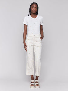 Charlie B Floral Embroidered Cropped Twill Pants