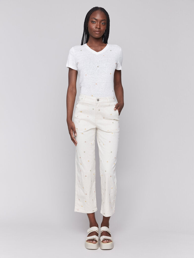 Charlie B Floral Embroidered Cropped Twill Pants