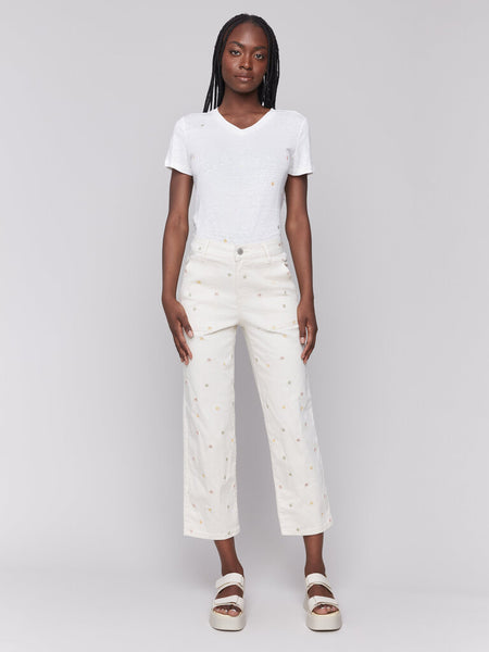 Charlie B Floral Embroidered Cropped Twill Pants