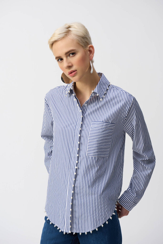 Joseph Ribkoff 251942 Pearl Trim Stretch Cotton Shirt