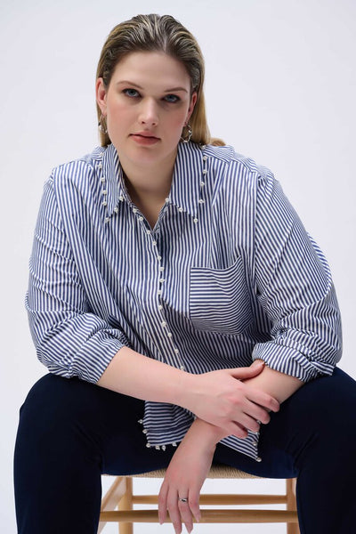 Joseph Ribkoff 251942 Pearl Trim Stretch Cotton Shirt