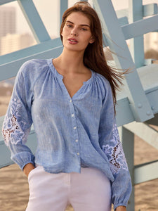 Charlie B Chambray Embroidered Sleeve Blouse