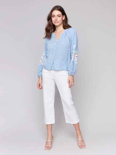 Charlie B Chambray Embroidered Sleeve Blouse
