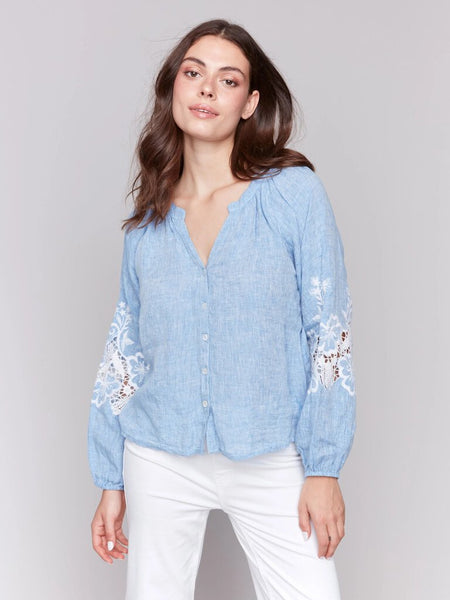 Charlie B Chambray Embroidered Sleeve Blouse