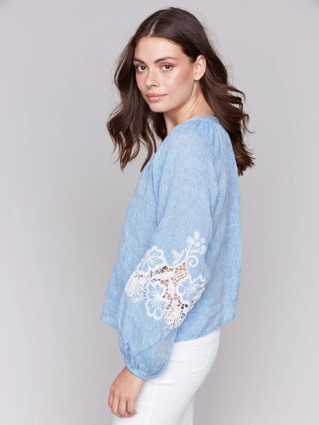 Charlie B Chambray Embroidered Sleeve Blouse