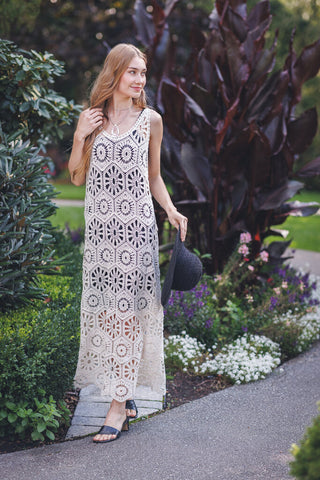 Papillon Open Crochet Maxi Dress - Beige