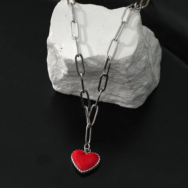 Hackney Nine 'Heart Rouge' Paper Clip Chain Enamel Heart Pendant Necklace - Silver