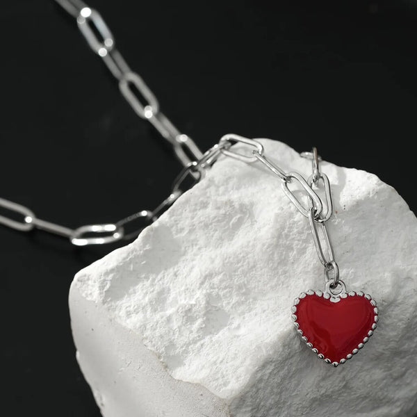 Hackney Nine 'Heart Rouge' Paper Clip Chain Enamel Heart Pendant Necklace - Silver
