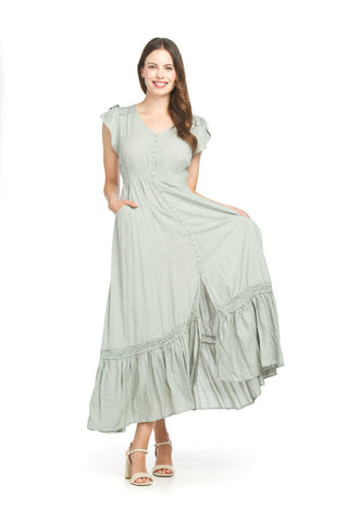 Papillon Button Down Frill Hem Maxi Dress - Sage