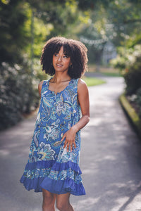 Papillon Blue Floral Ruffle Hem Dress
