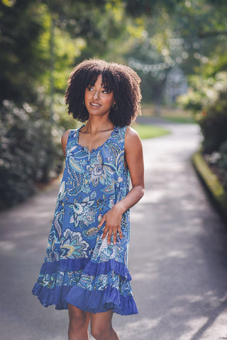 Papillon Blue Floral Ruffle Hem Dress