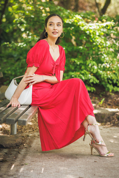 Papillon V-Neck Bow Front Midi Dress - Red