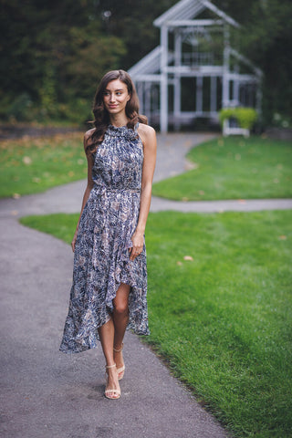 Papillon Navy Animal/Floral Print Halter Dress