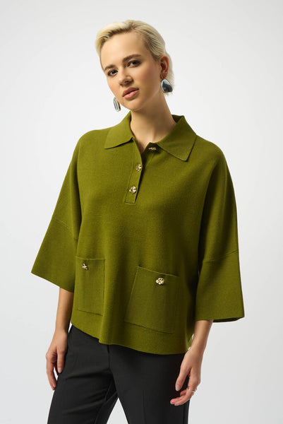 Joseph Ribkoff 253962 Boxy Polo Collar Sweater - Artichoke