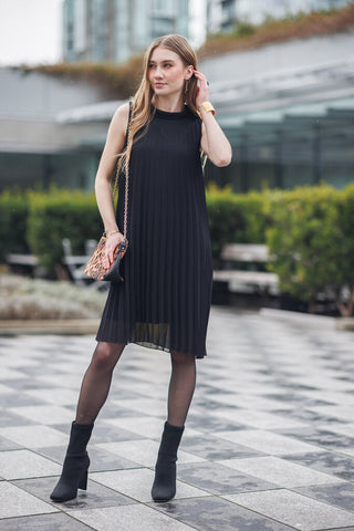 Papillon Black Pleated Chiffon Mock Neck Dress