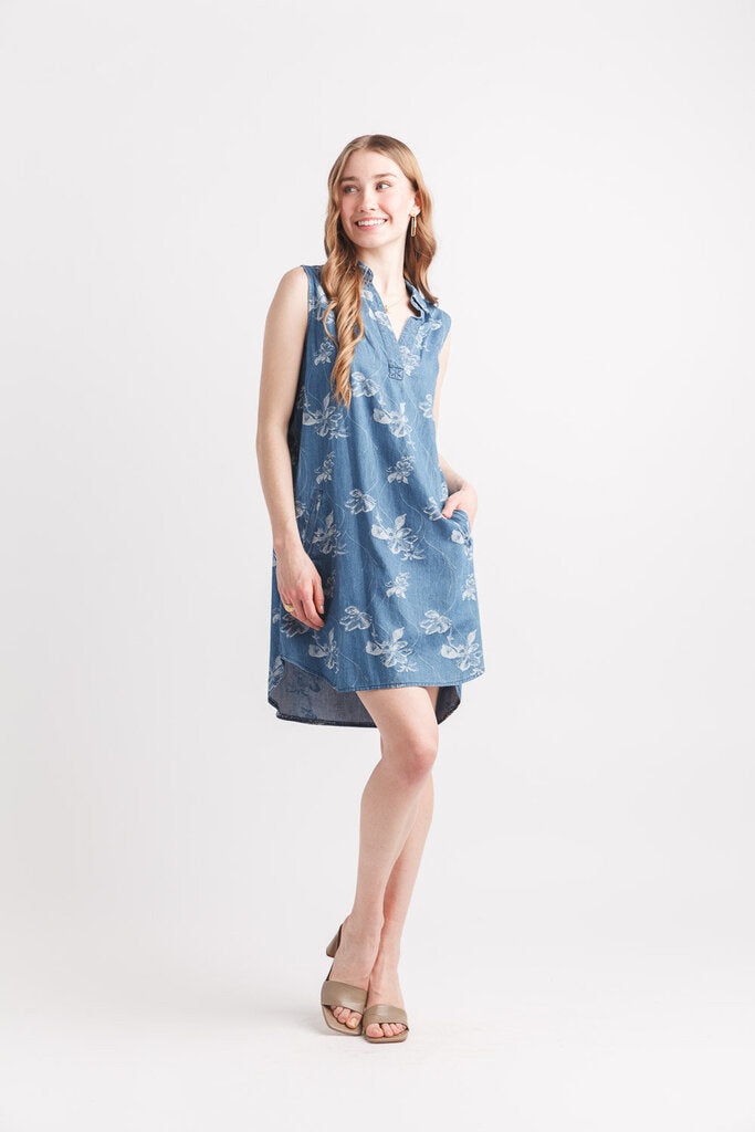 Papillon Denim Floral Jacquard Sleeveless Collar Dress