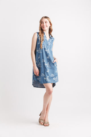Papillon Denim Floral Jacquard Sleeveless Collar Dress