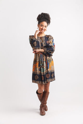 Papillon Black Patchwork Print Balloon Sleeve Dress