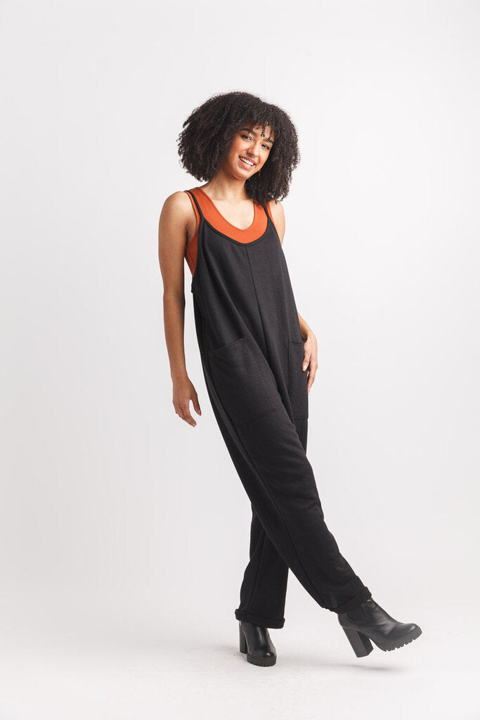 Papillon Black Waffle Knit Patch Pocket Jumpsuit