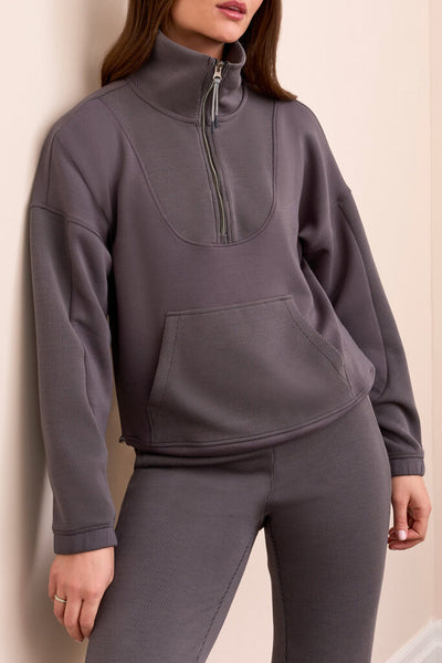 Tribal Ribbed Mock Neck 1/4 Zip Sweater - Charcoal