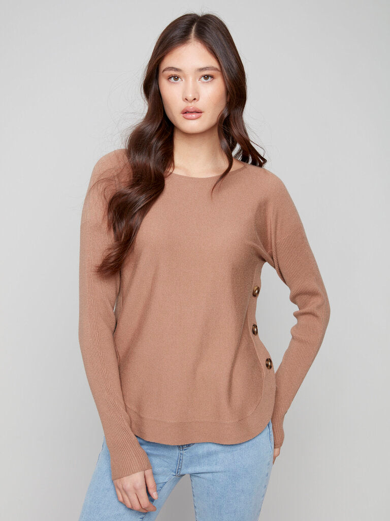 Charlie B Boatneck Sweater with Side Button Detail - Truffle